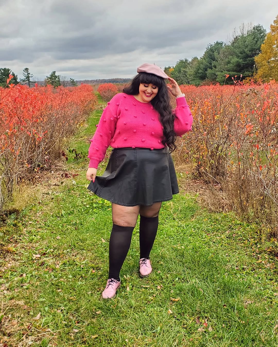 Hot Pink Pom Pom Sweater With Black Faux Leather Skirt