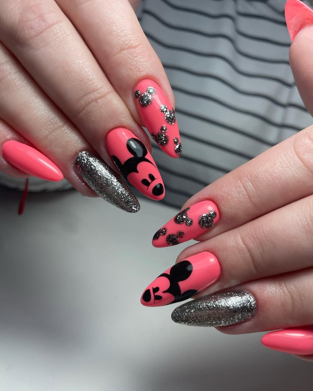 Hot Pink Silver Glitter Mickey Mouse Almond Nails