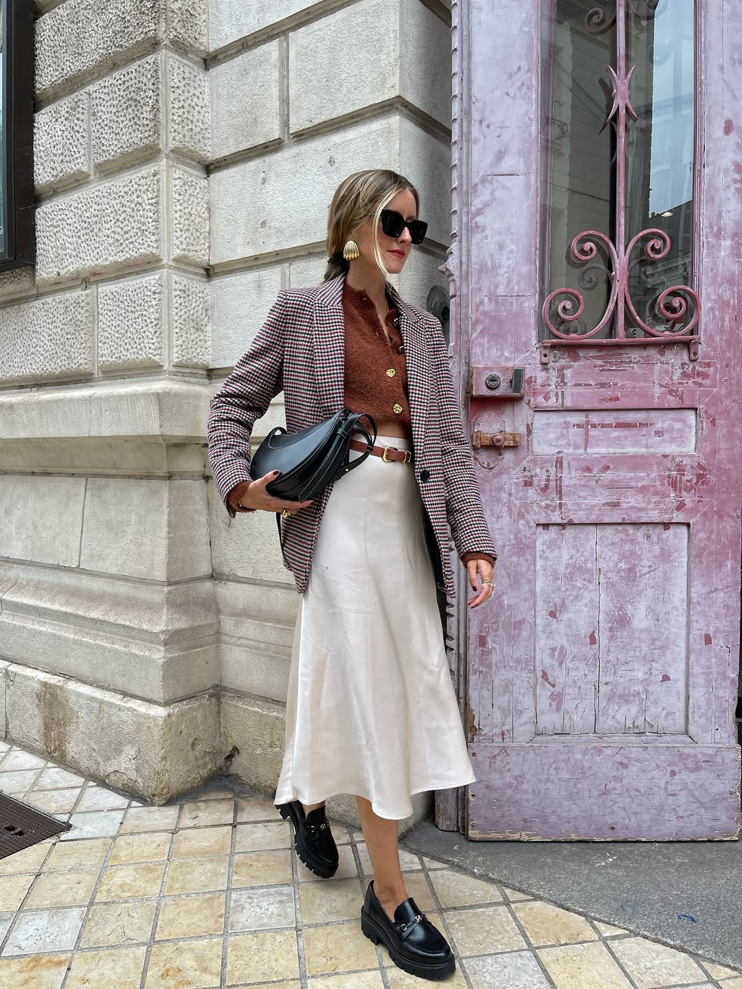 Houndstooth Blazer With Satin Midi Skirt Combo