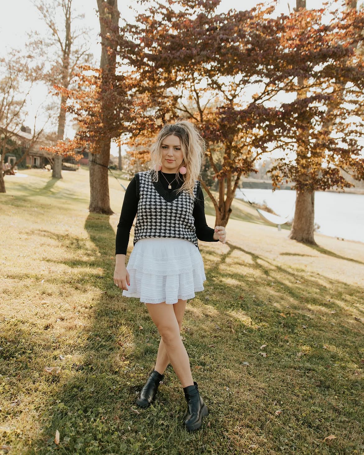 Houndstooth Vest Mini Skirt Fall Outfit