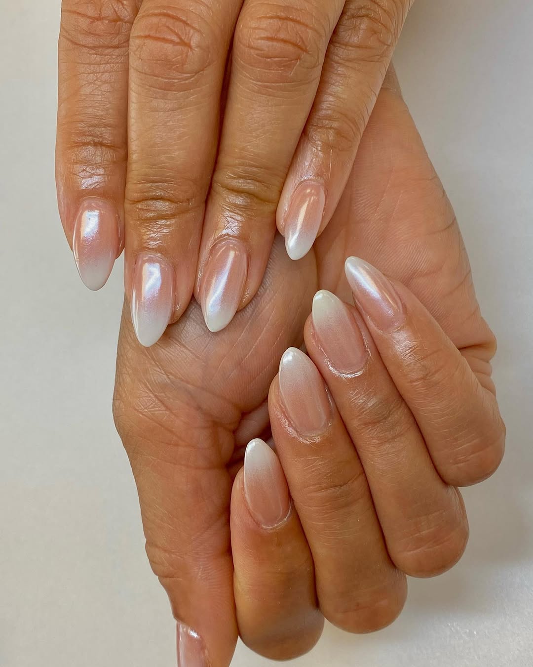 Iridescent Milky Ombre Almond French Nails