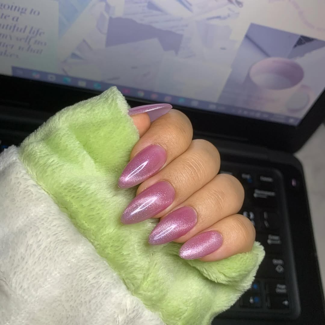 Iridescent Pink Cat Eye Almond Nails