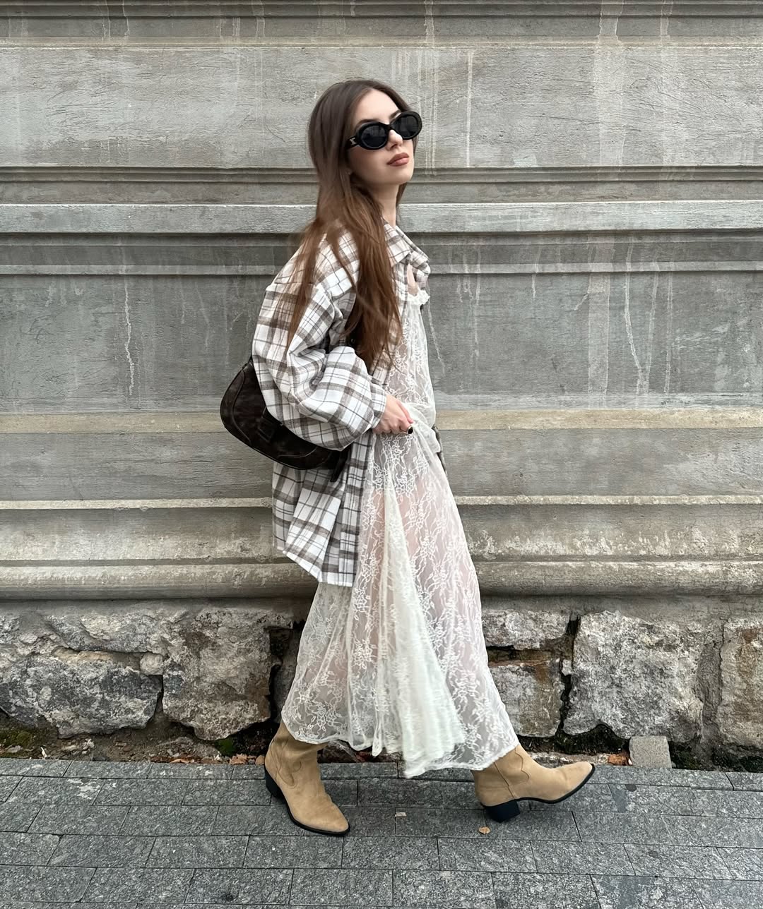 Lace Maxi Dress With Plaid Overshirt And Boots