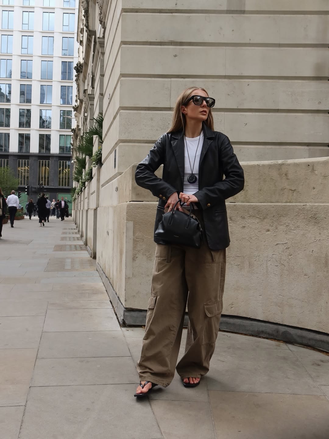 Leather Blazer & Cargo Pants Street Style Outfit