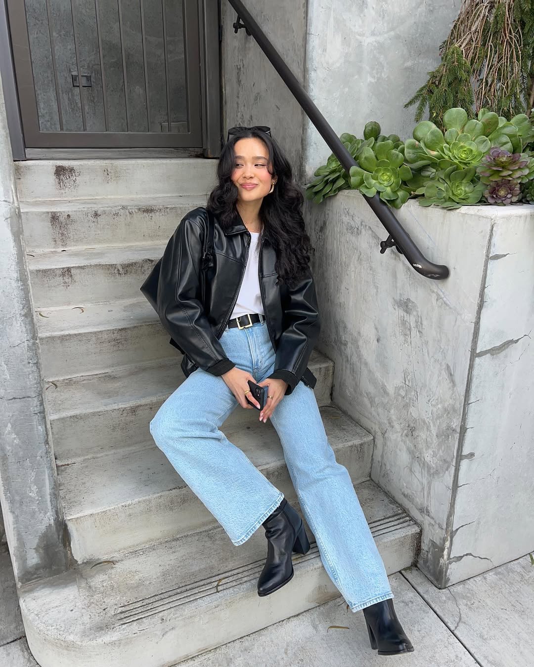 Leather Jacket And Light Wash Wide Leg Jeans