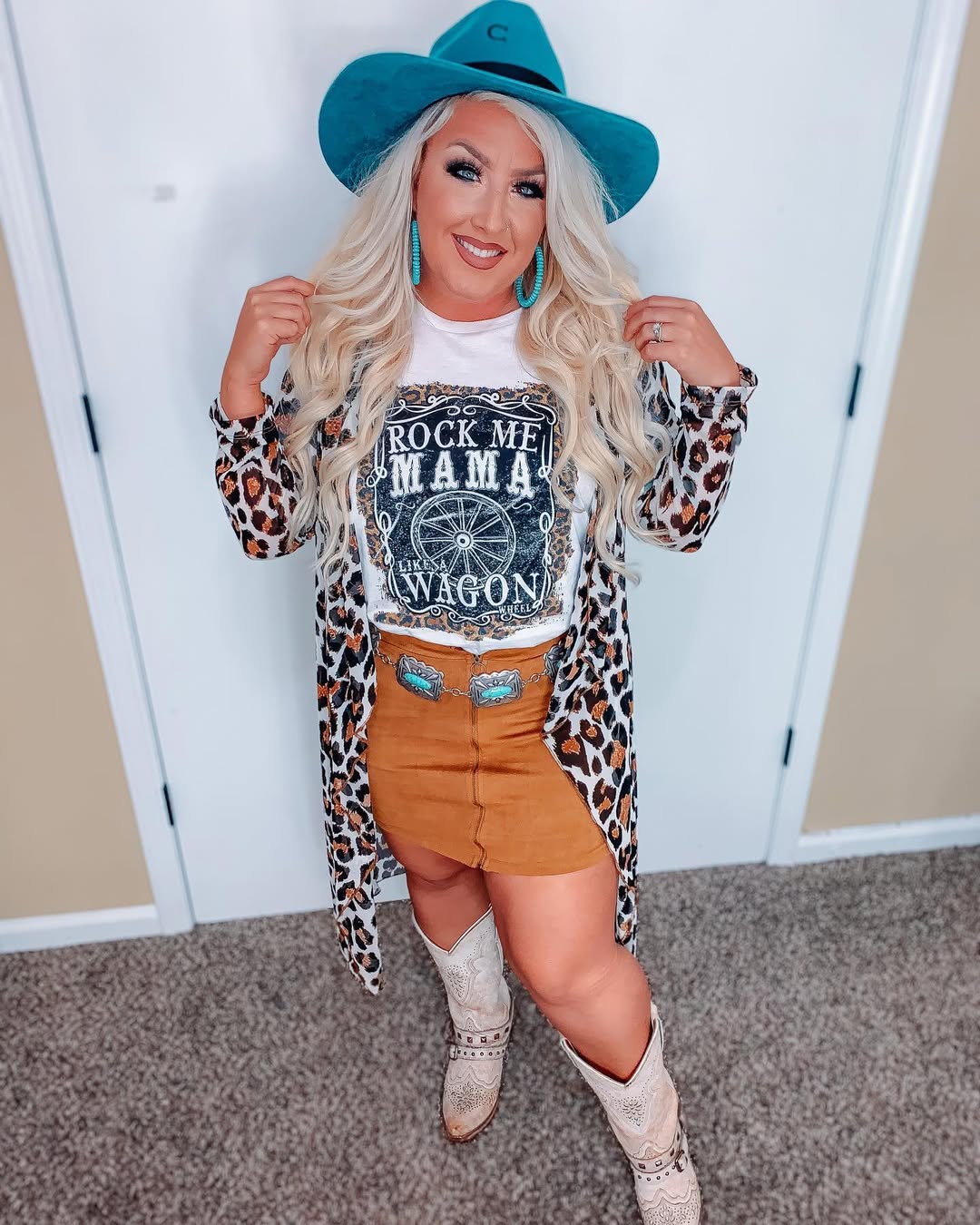 Leopard Duster With Graphic Tee And Suede Skirt
