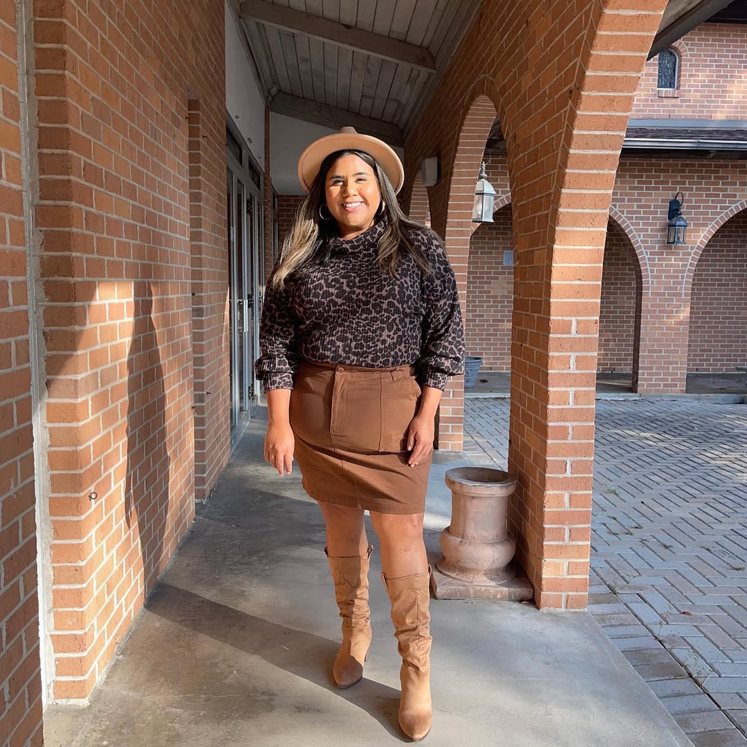 Leopard Knit Top and Brown Mini Skirt Outfit