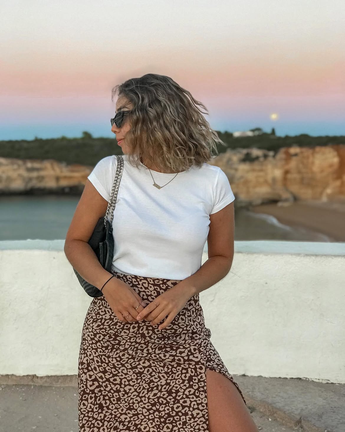 Leopard Print Midi Skirt With White Tee And Chain Bag