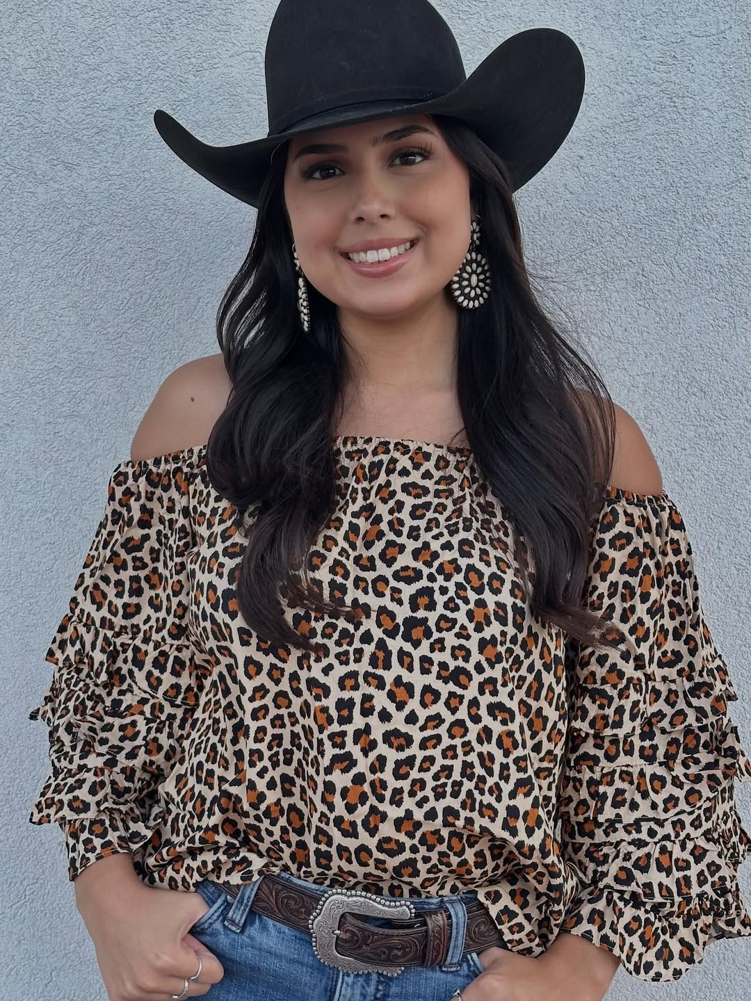 Leopard Print Ruffle Top With Cowboy Hat