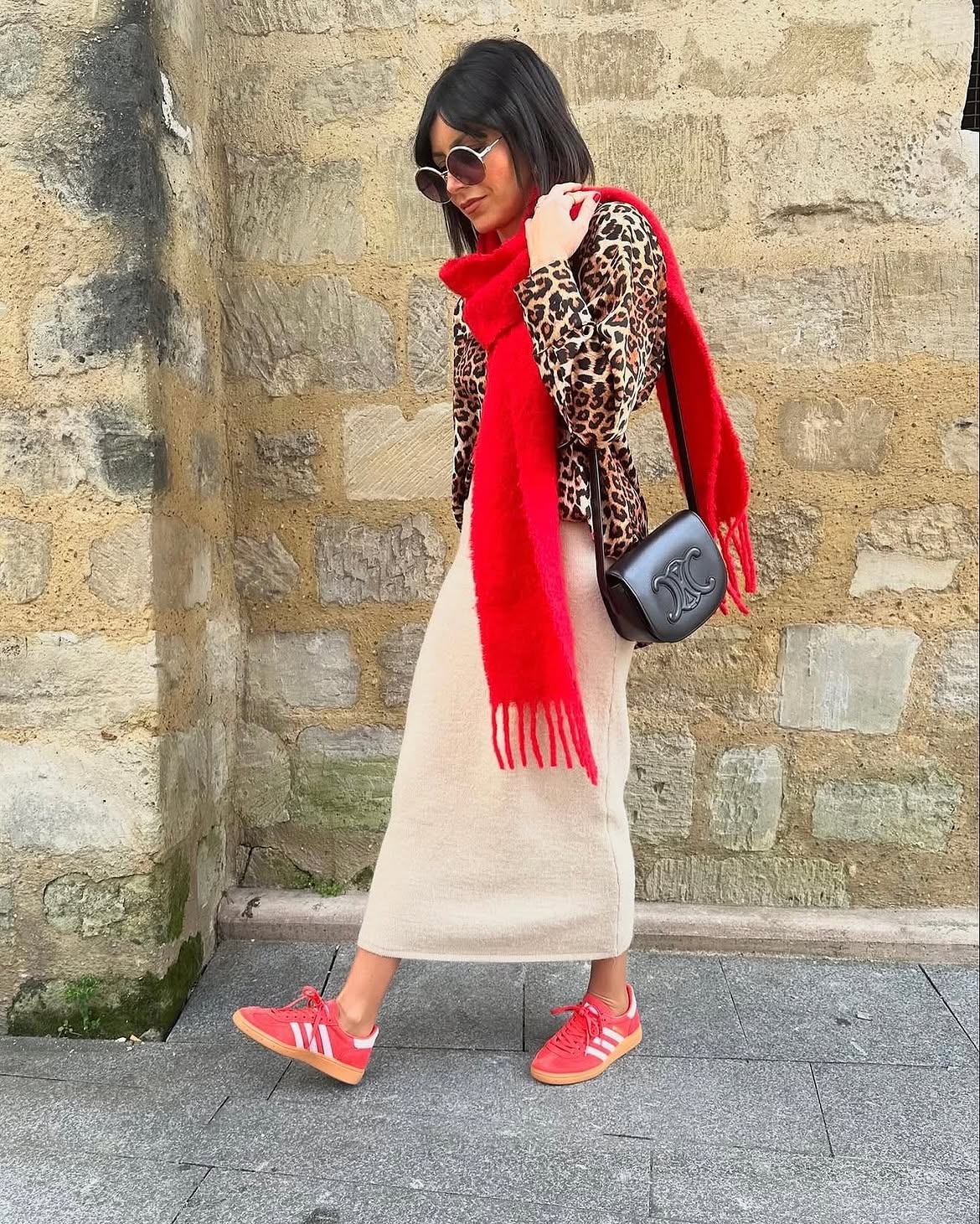 Leopard Print Shirt And Beige Knit Midi Skirt Look