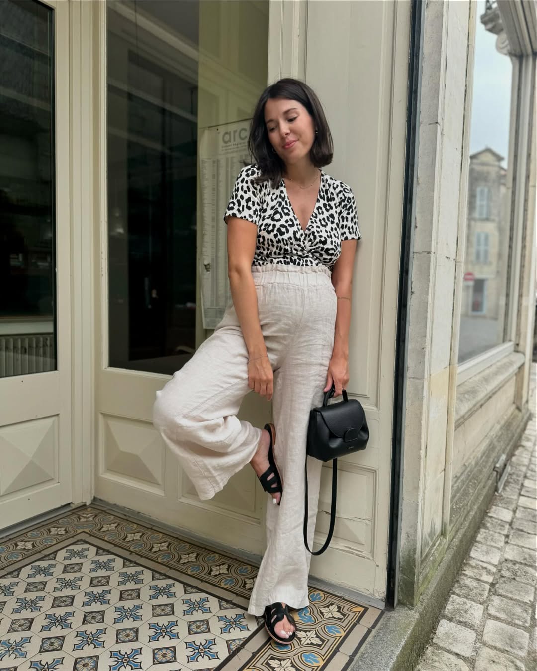 Leopard Print Top With Linen Wide-Leg Pants