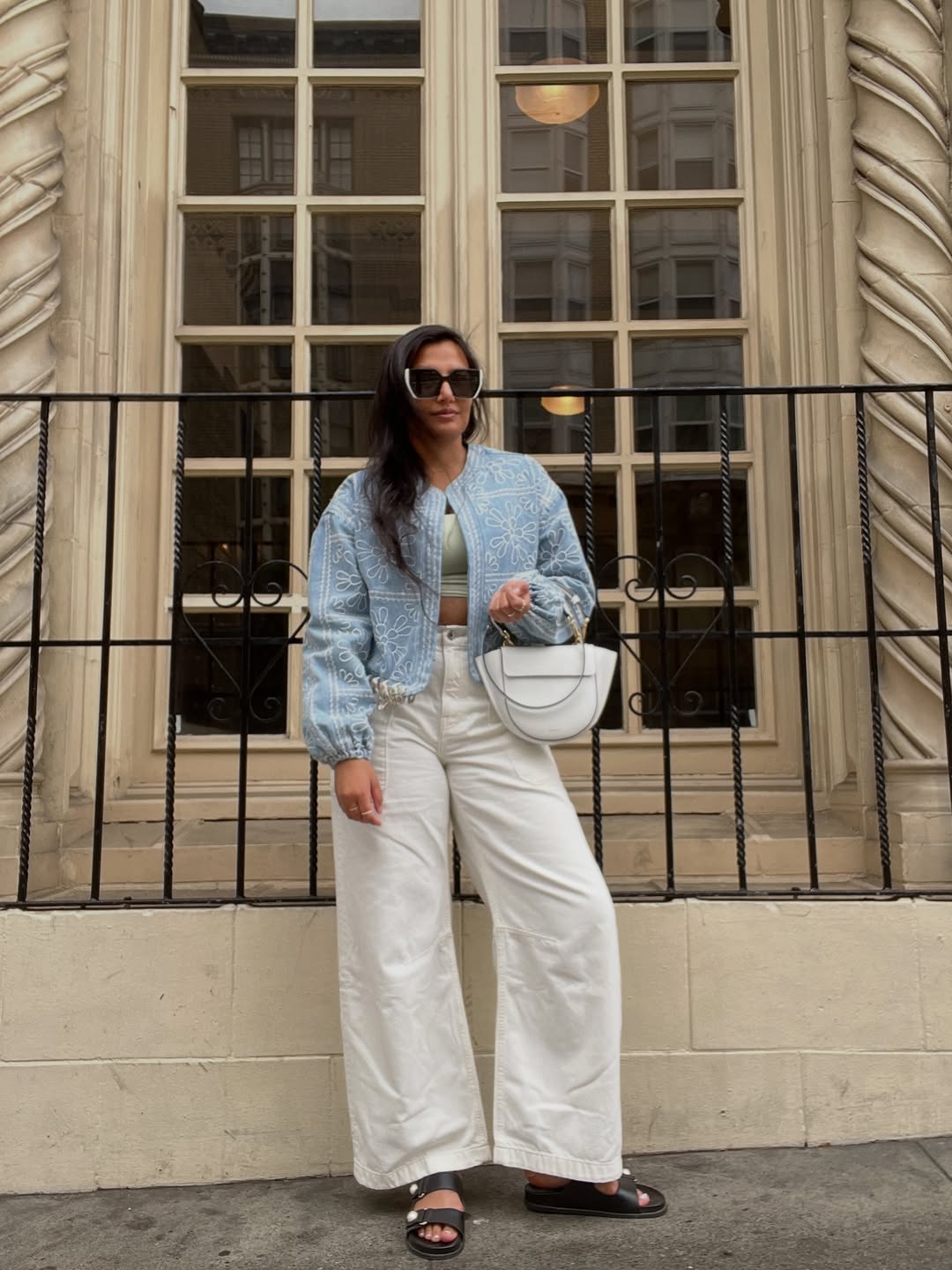 Light Blue Printed Jacket With White Wide Leg Pants
