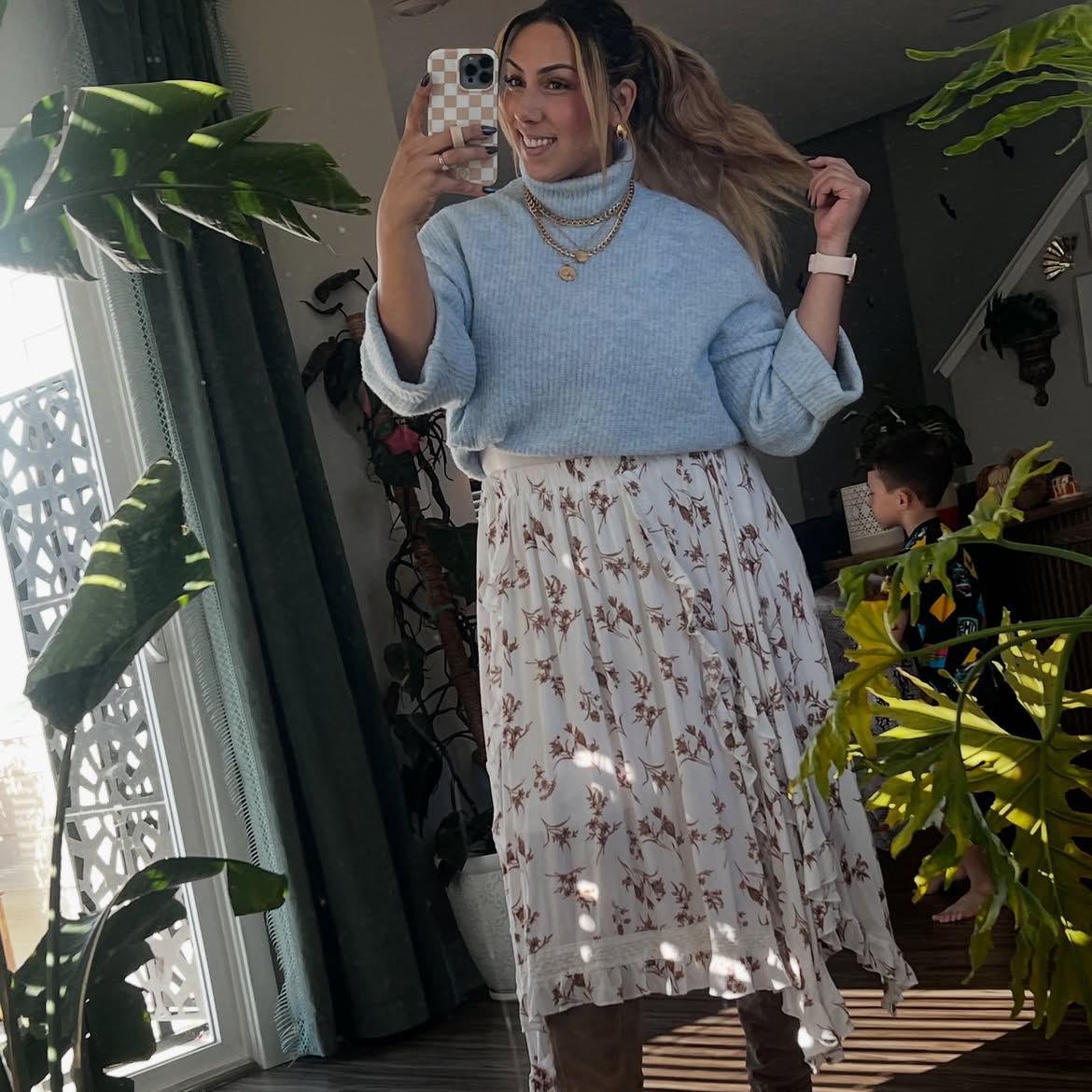 Light Blue Turtleneck With Floral Midi Skirt