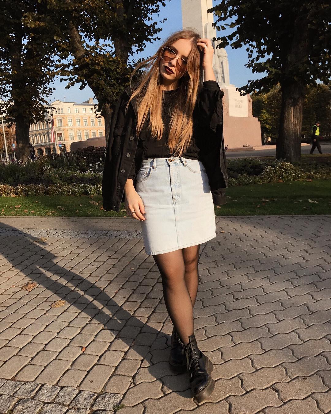 Light Wash Denim Mini Skirt With Black Moto Boots