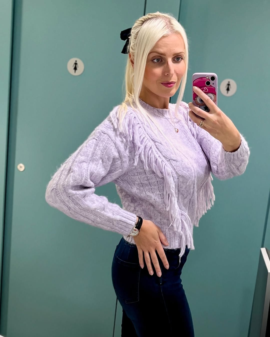Lilac Fringe Sweater With Dark Wash Denim