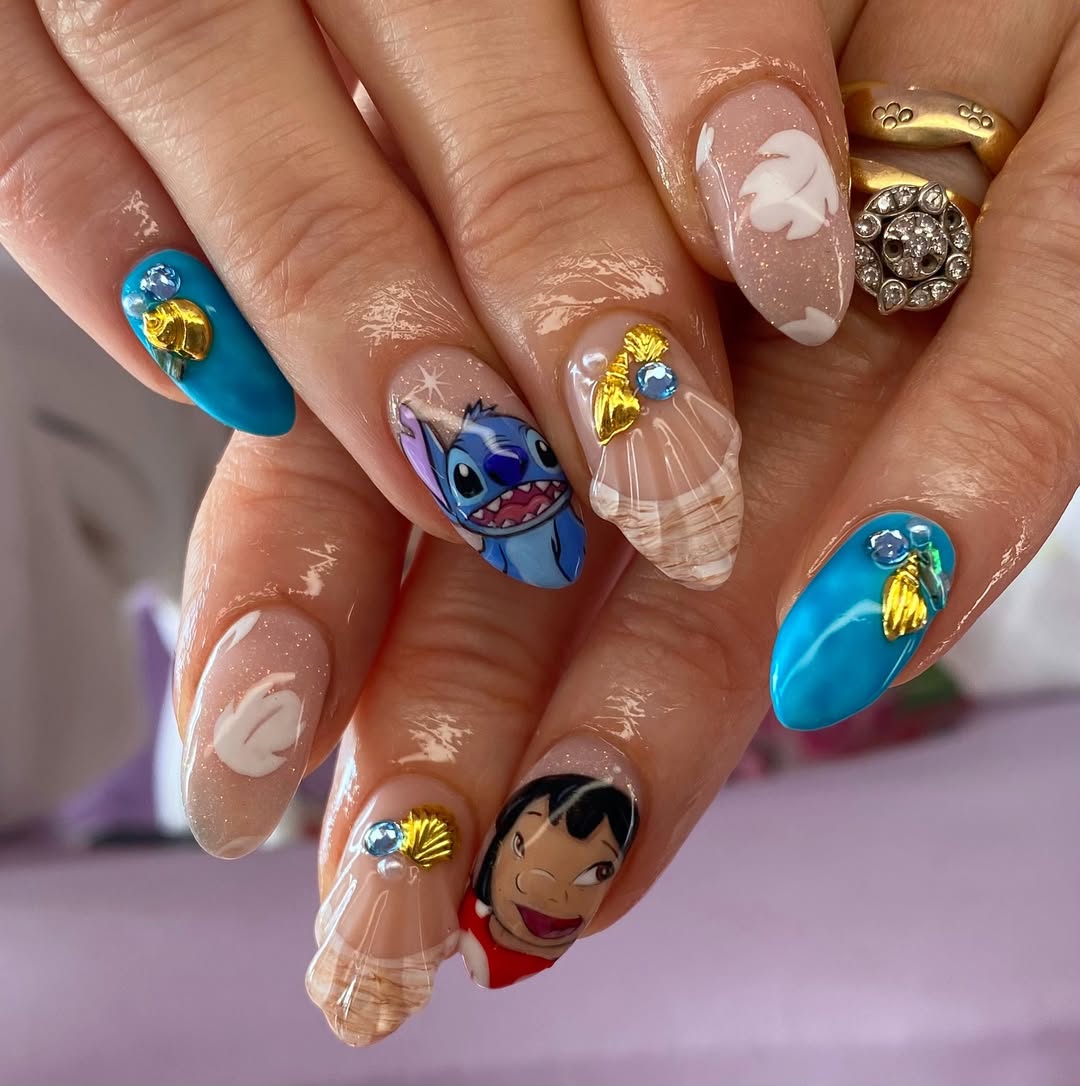 Lilo And Stitch Character Teal Almond Nails