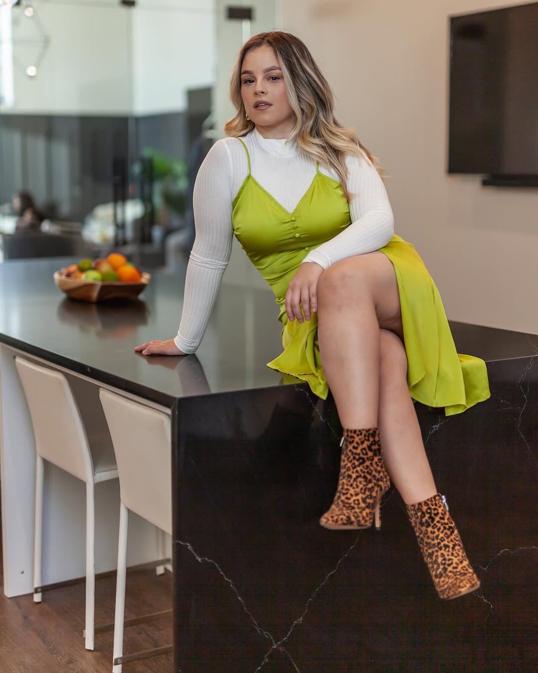Lime Slip Dress Over White Turtleneck