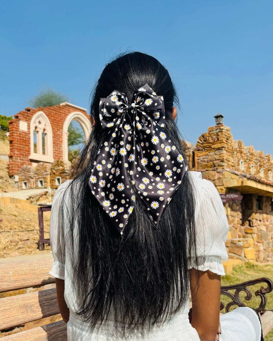Long Jet Black Hair Half-Up Daisy Bow