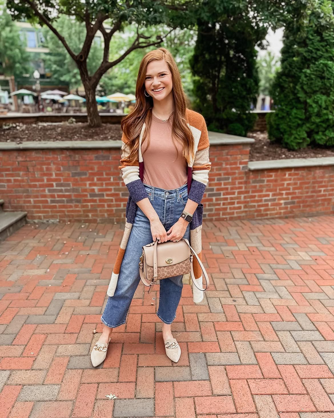 Long Striped Cardigan With Tan Top And Jeans