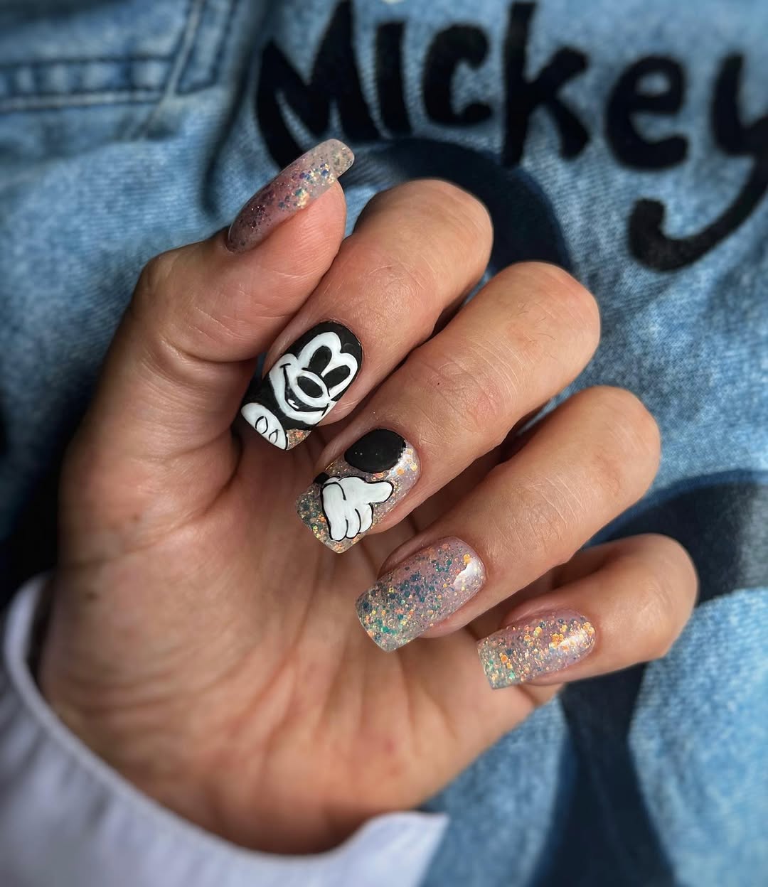 Magical Mickey Mouse Holographic Glitter Square Nails