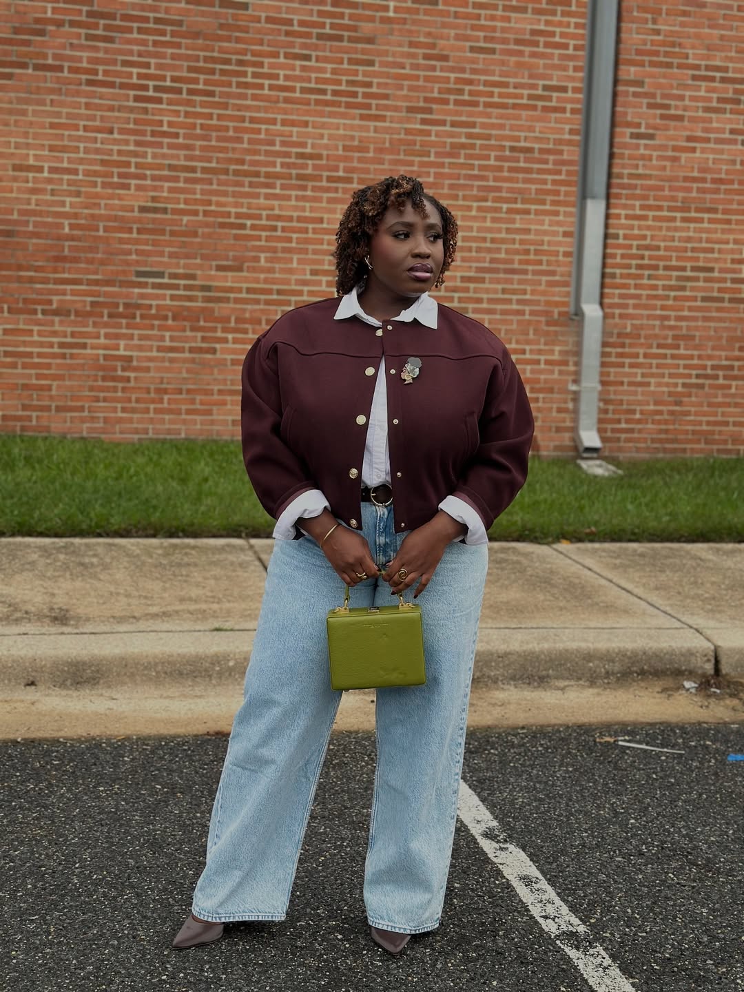 Maroon Bomber Jacket With Light Wash Denim