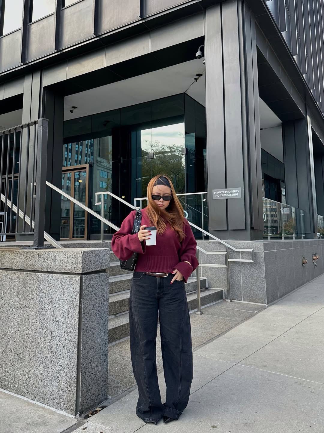 Maroon Cropped Sweater With Wide Leg Black Jeans