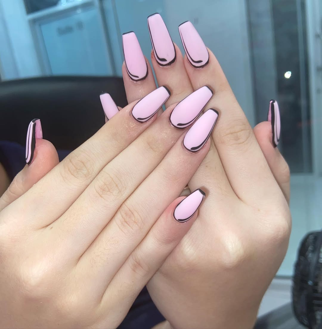Matte Light Pink White Outline Cartoon Coffin Nails