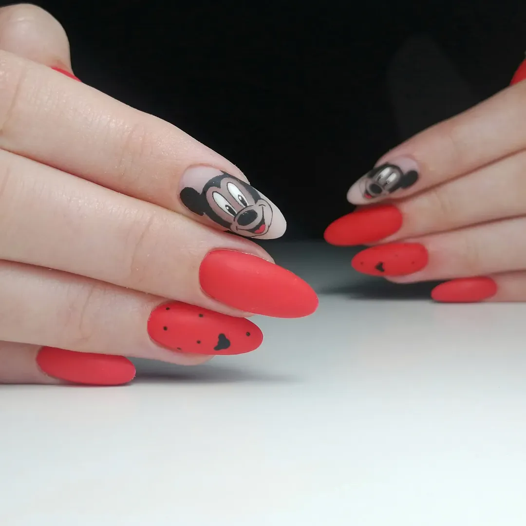 Matte Red Almond Mickey Mouse Accent Nails
