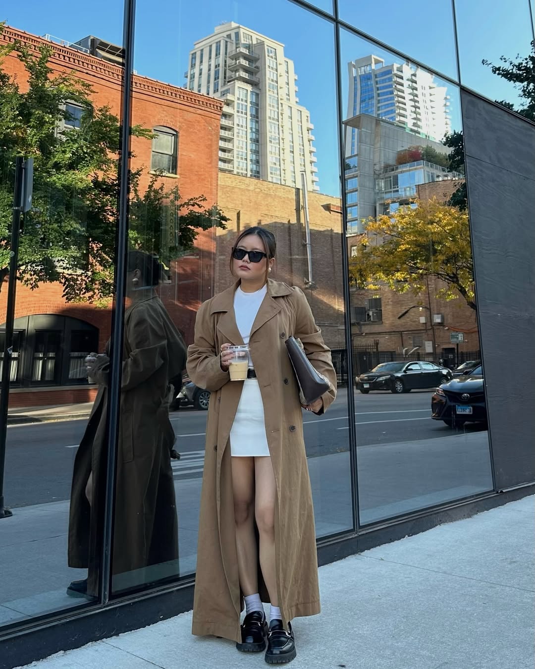 Maxi Trench Coat Over Mini Skirt Outfit