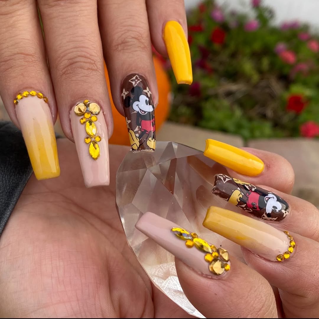 Mickey Mouse Brown Yellow Nude Coffin Nails
