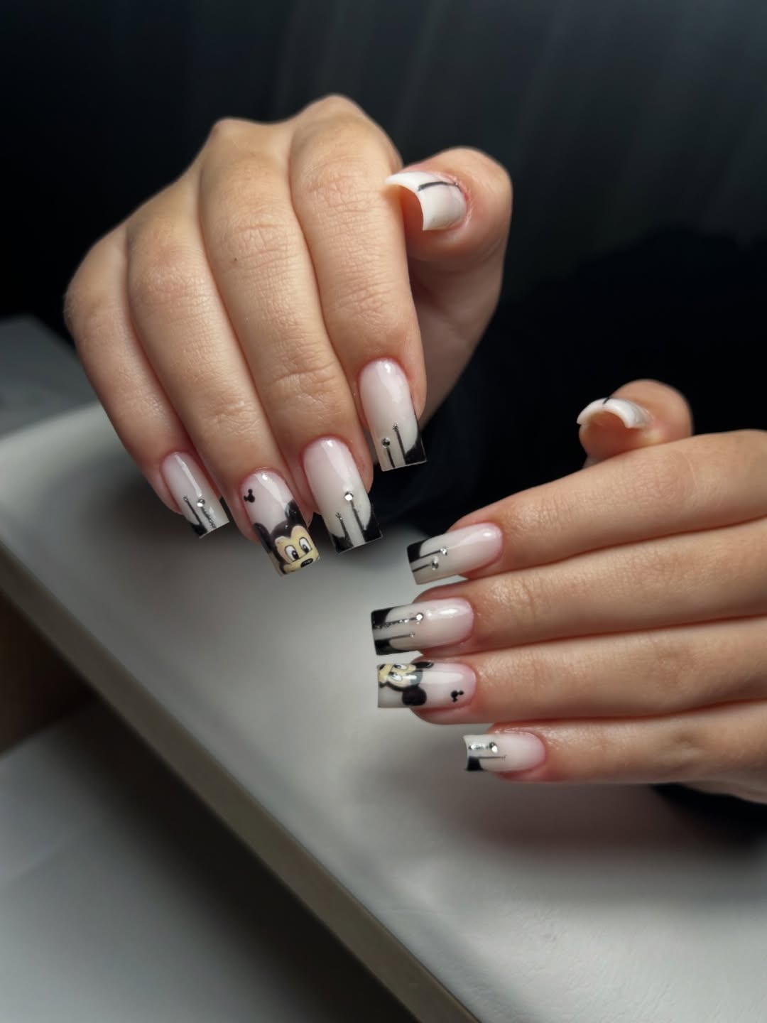 Mickey Mouse White-Tipped Nails with Rhinestone Accents
