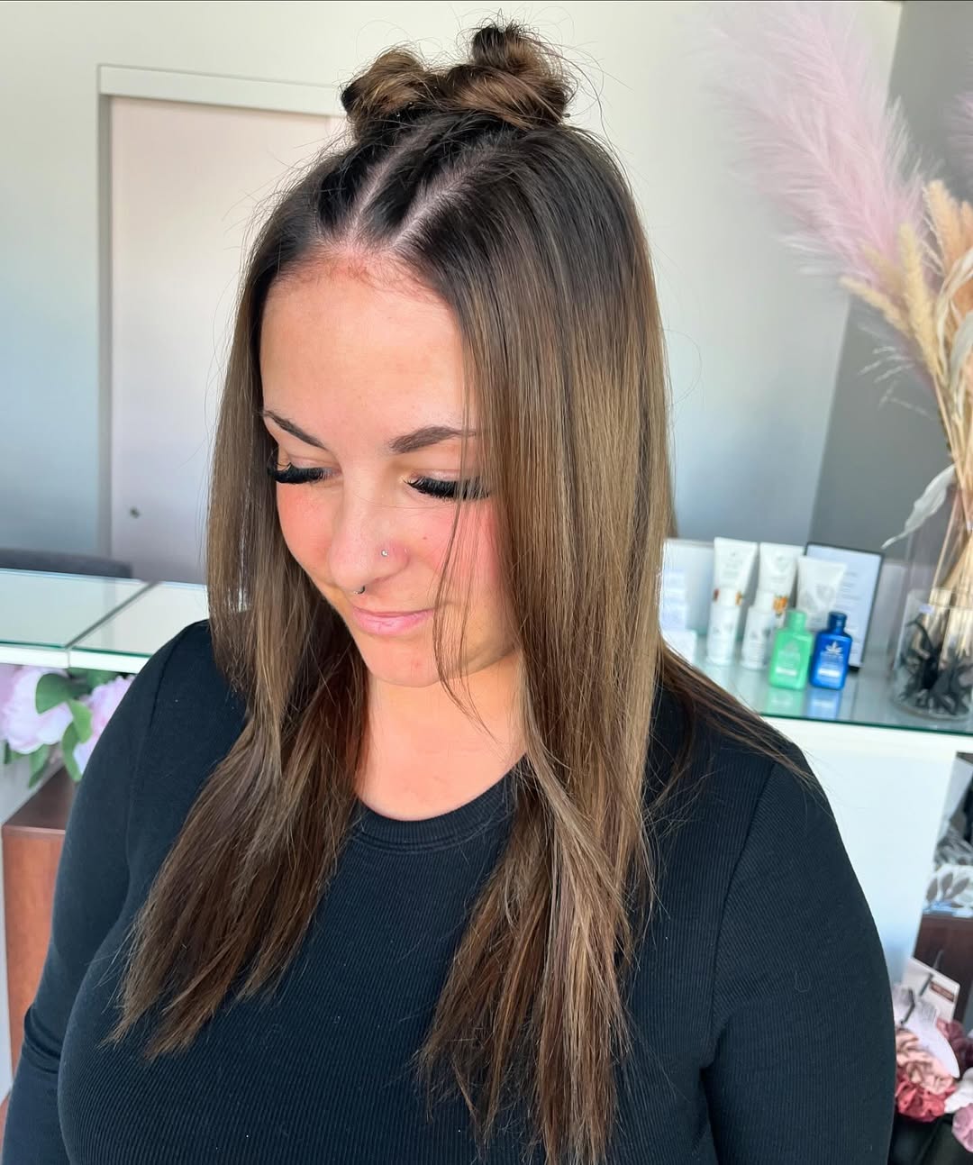 Mini Double Buns With Blended Brunette Balayage