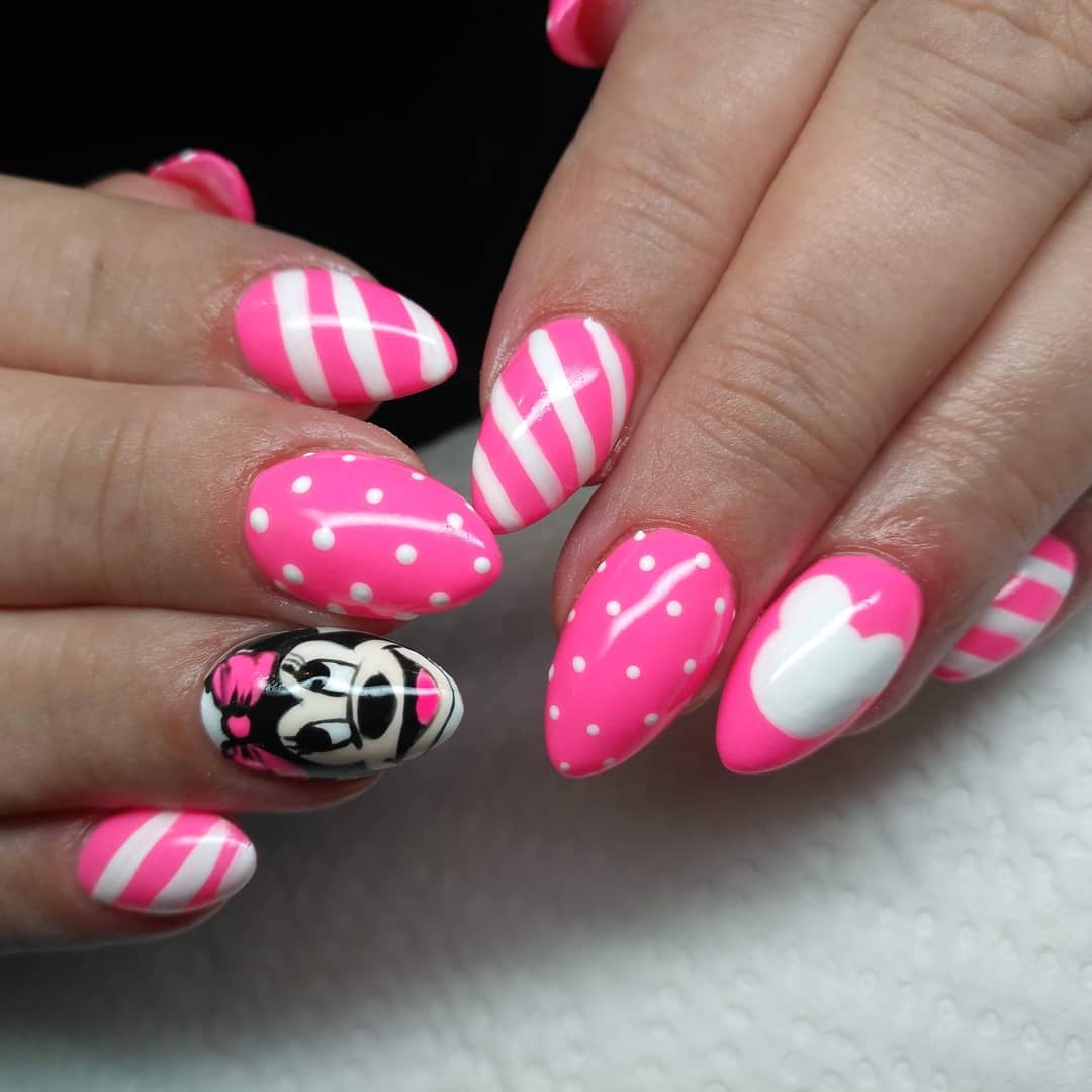Minnie Mouse Cartoon Pink White Almond Nails