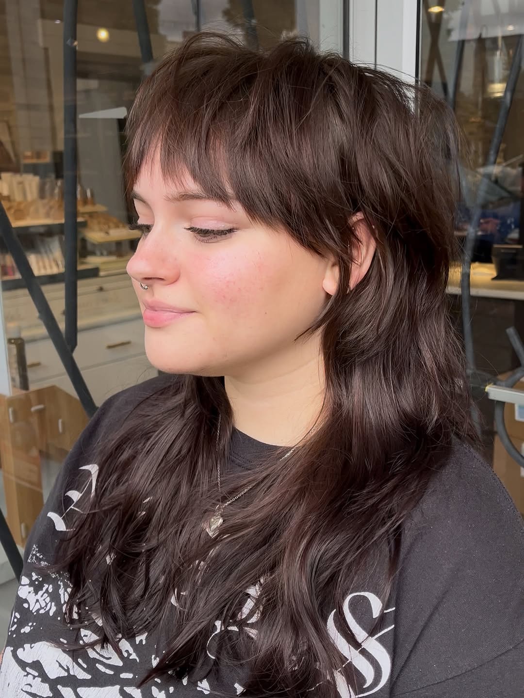 Modern Micro Shag Cut With Chocolate Bangs