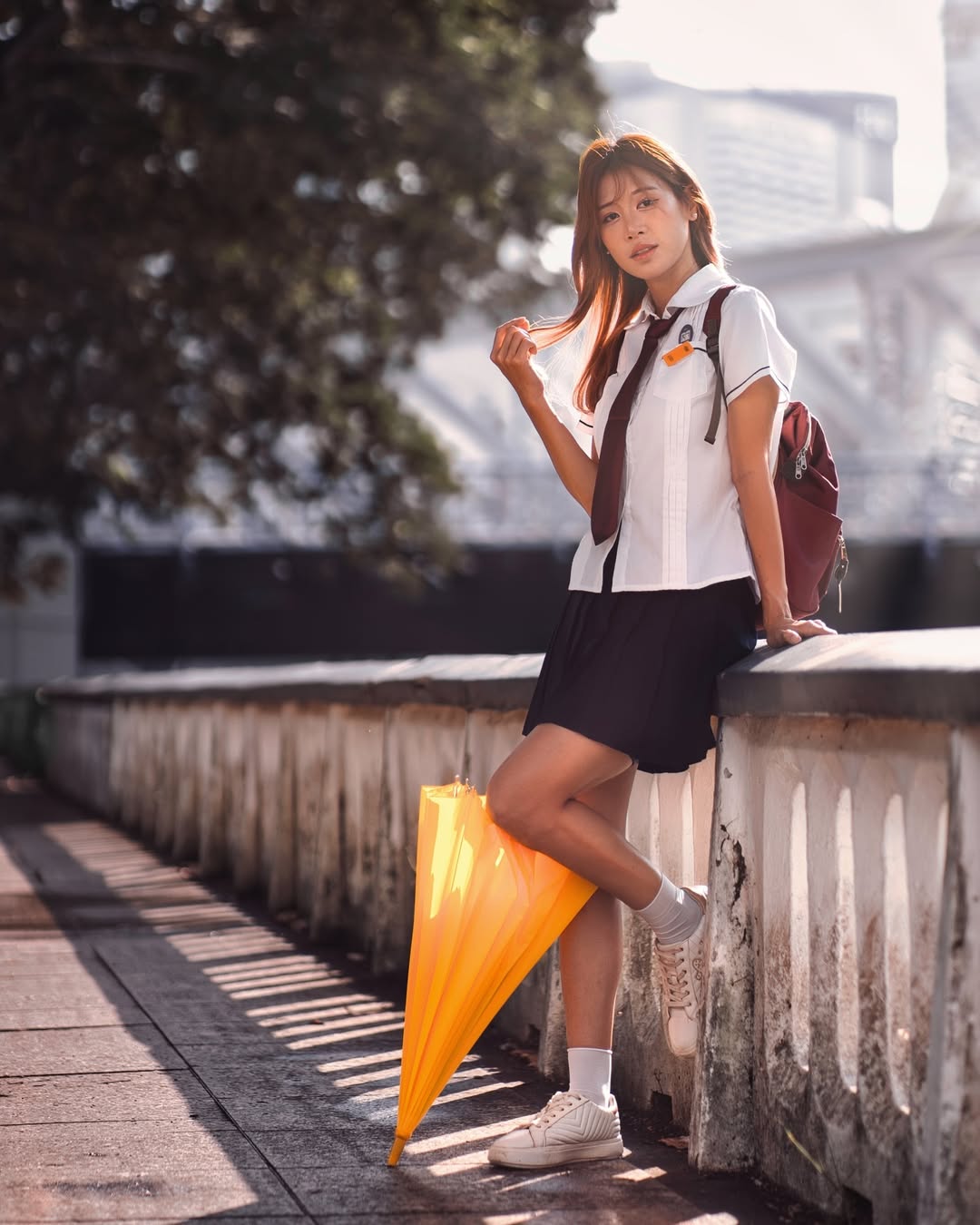 Modern Schoolgirl Uniform With Sneakers And Backpack