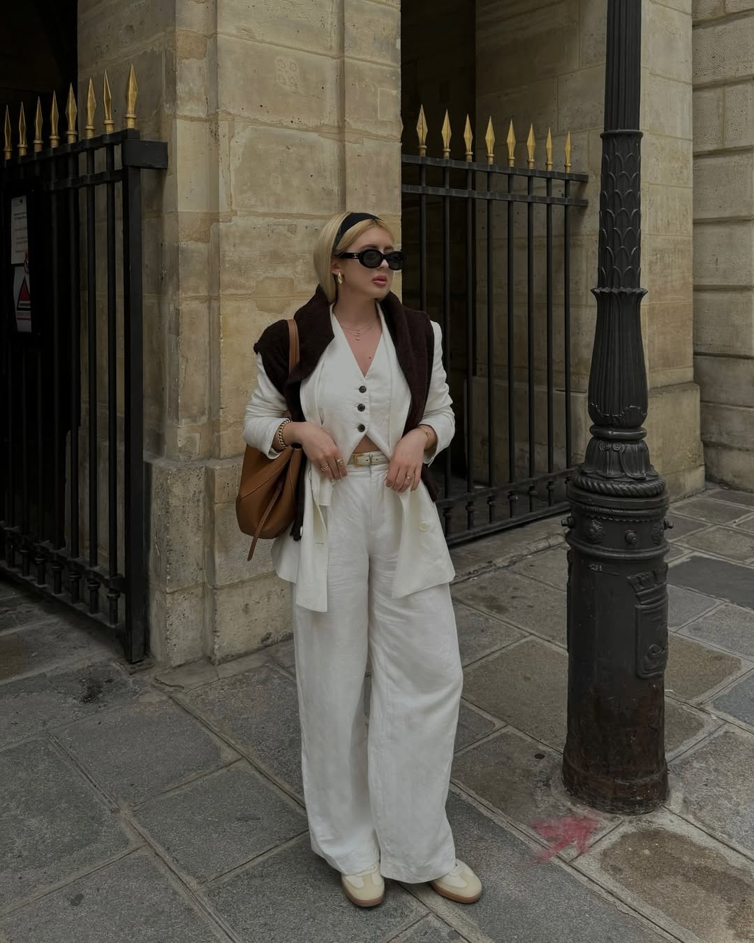 Monochrome Linen Suit With Brown Knit Accent