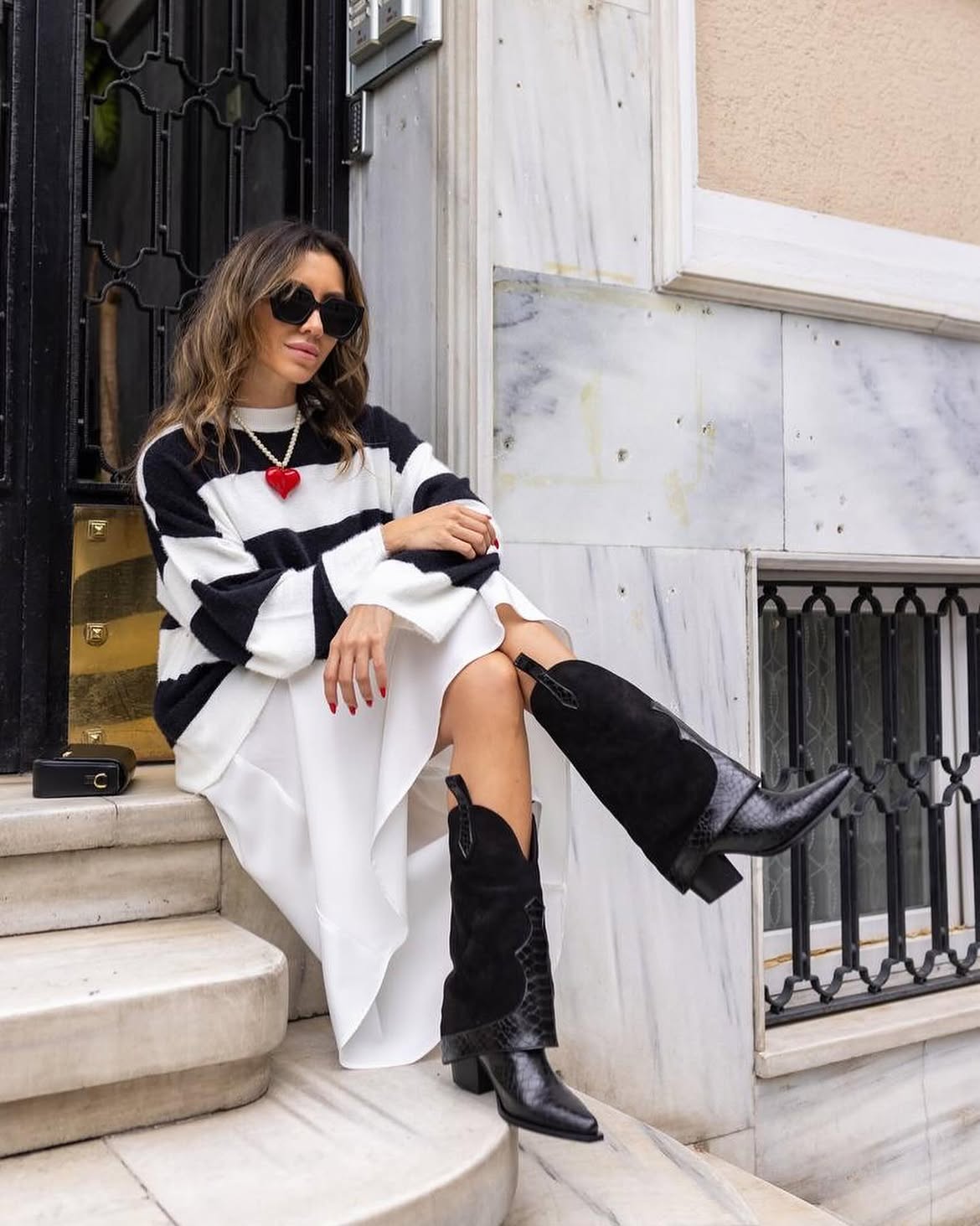 Monochrome Stripe Sweater And White Midi Dress Look