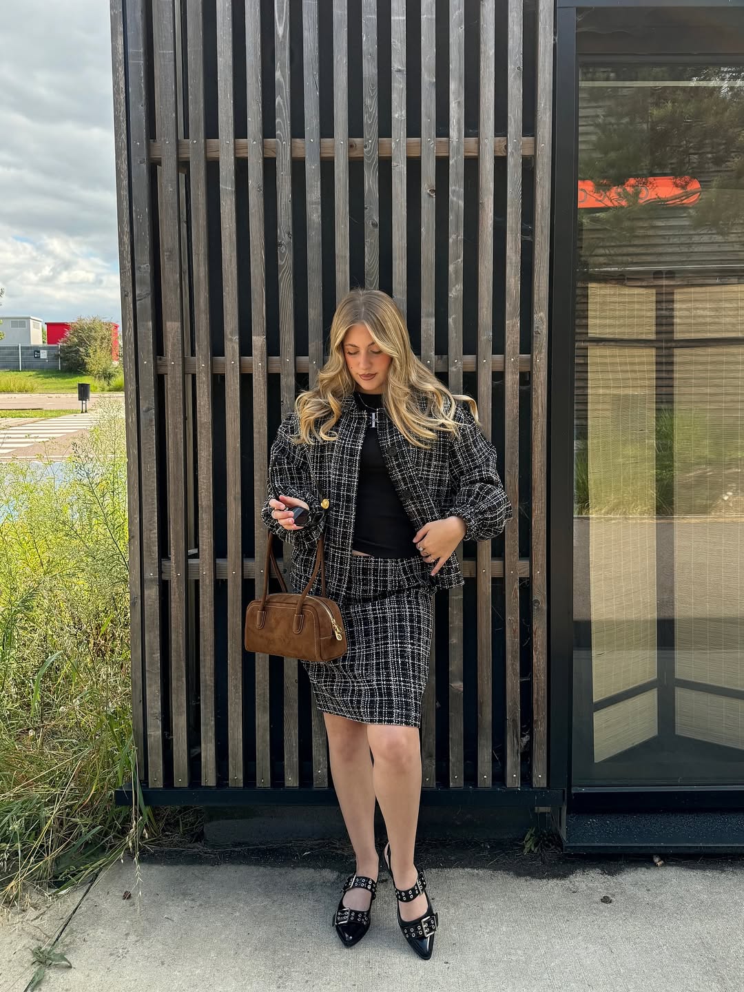 Monochrome Tweed Skirt Suit With Buckle Heels
