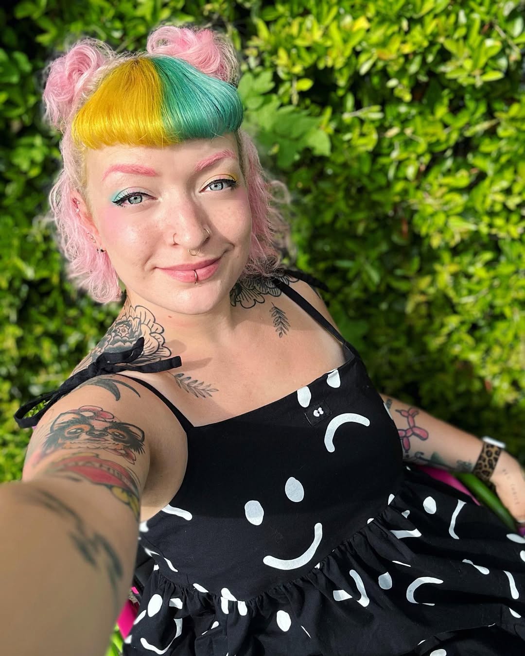 Multi-Color Bangs with Pink Space Buns