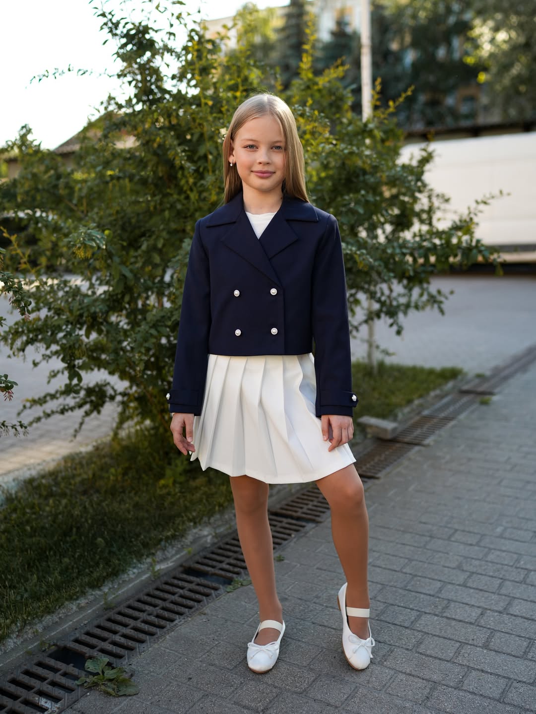 Navy Double-Breasted Blazer With Pleated Skirt Set