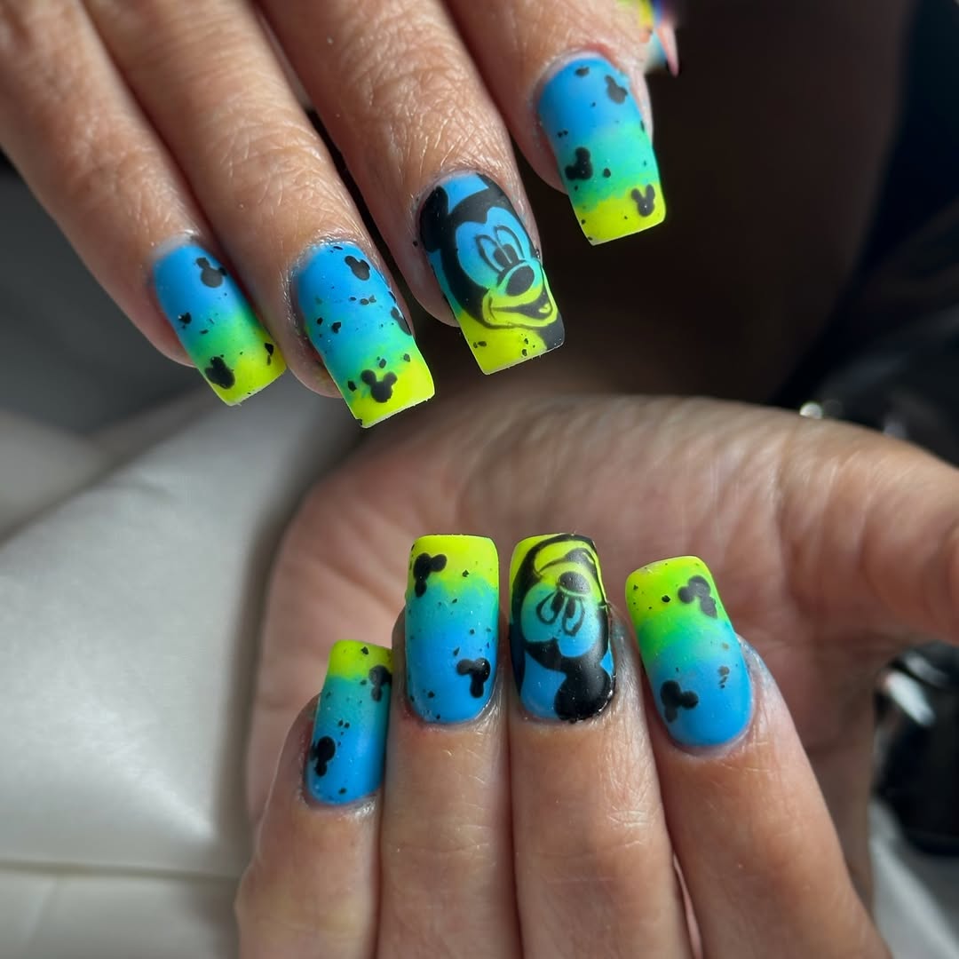 Neon Ombré Mickey Mouse Swirl Nails