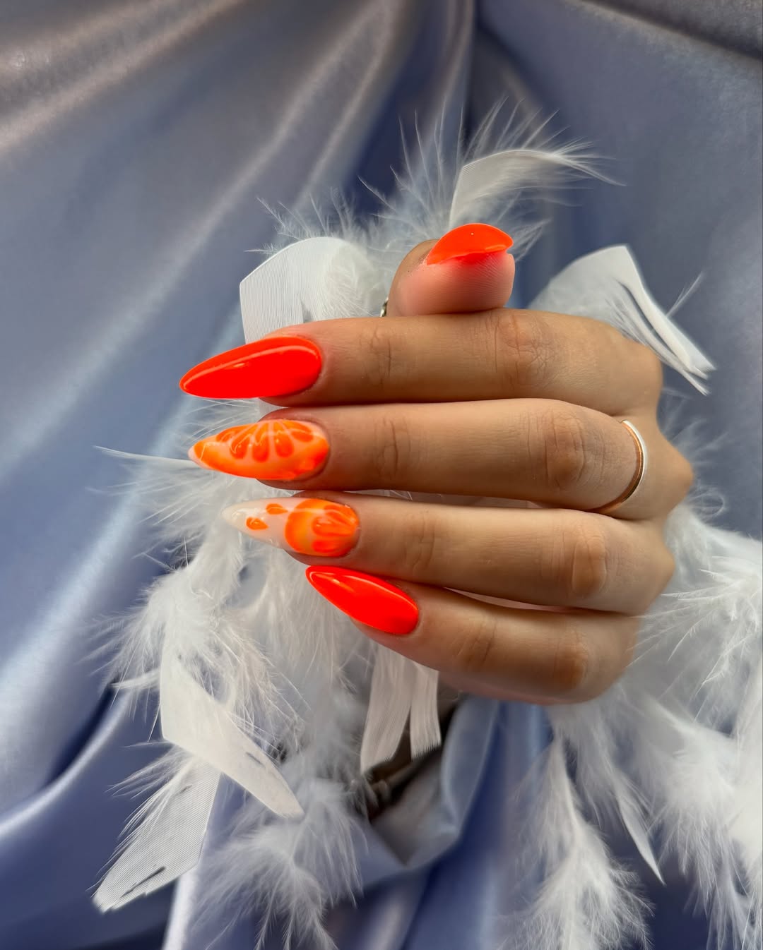 Neon Orange Citrus Slice Stiletto Nails