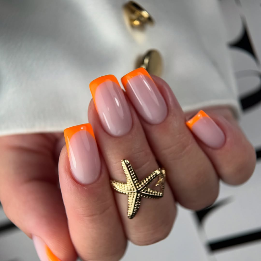Neon Orange French Tips on Squoval Nails