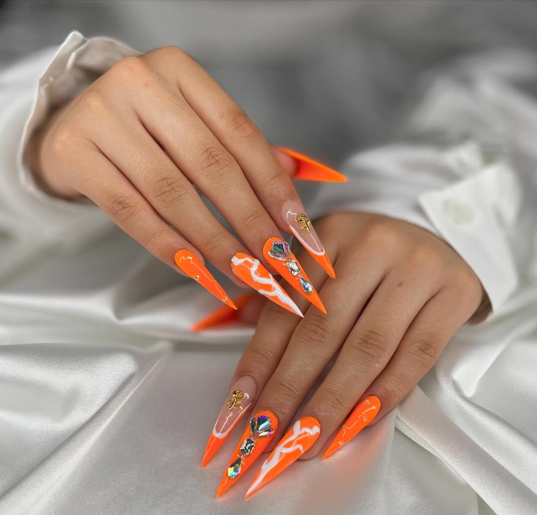 Neon Orange Stiletto Flames With Rhinestones