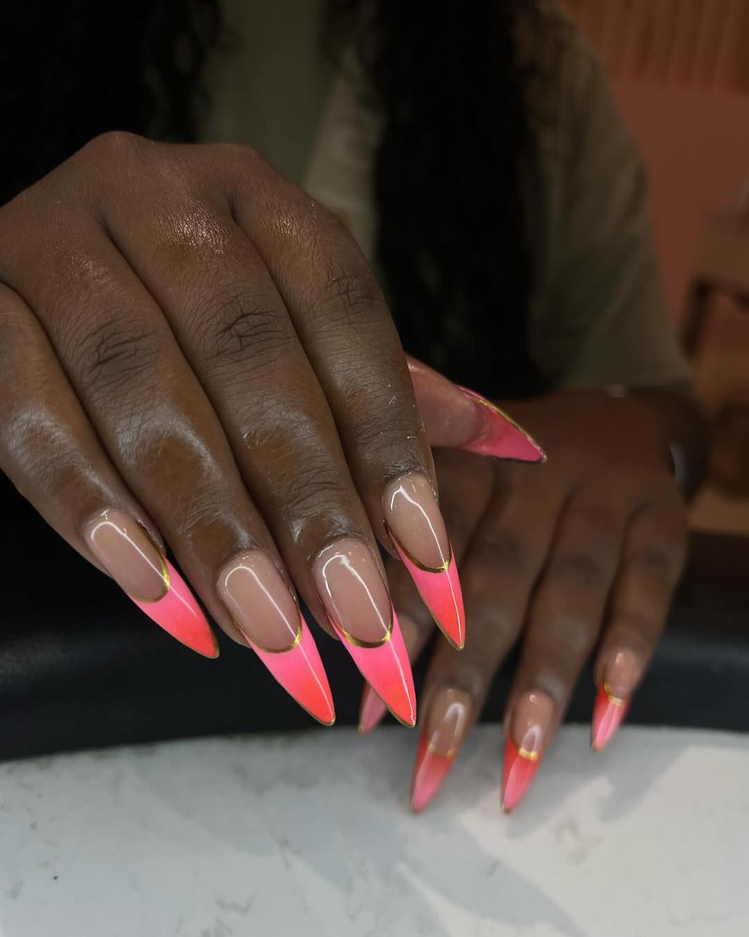 Neon Pink Ombre Stiletto French Tips with Gold Accent