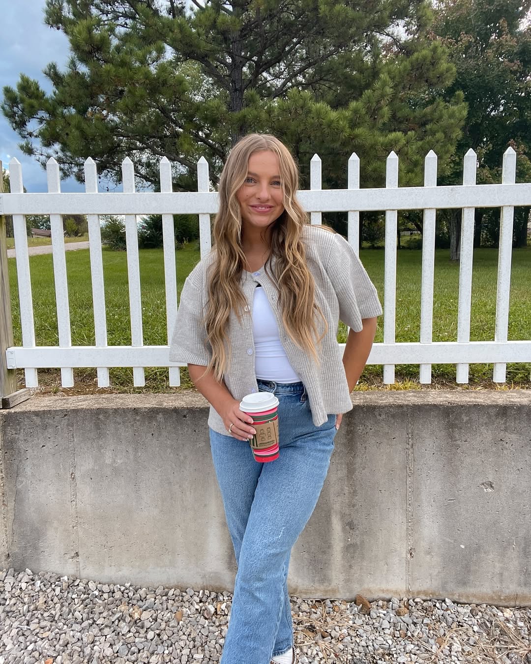 Neutral Knit Cardigan With Light Wash Denim