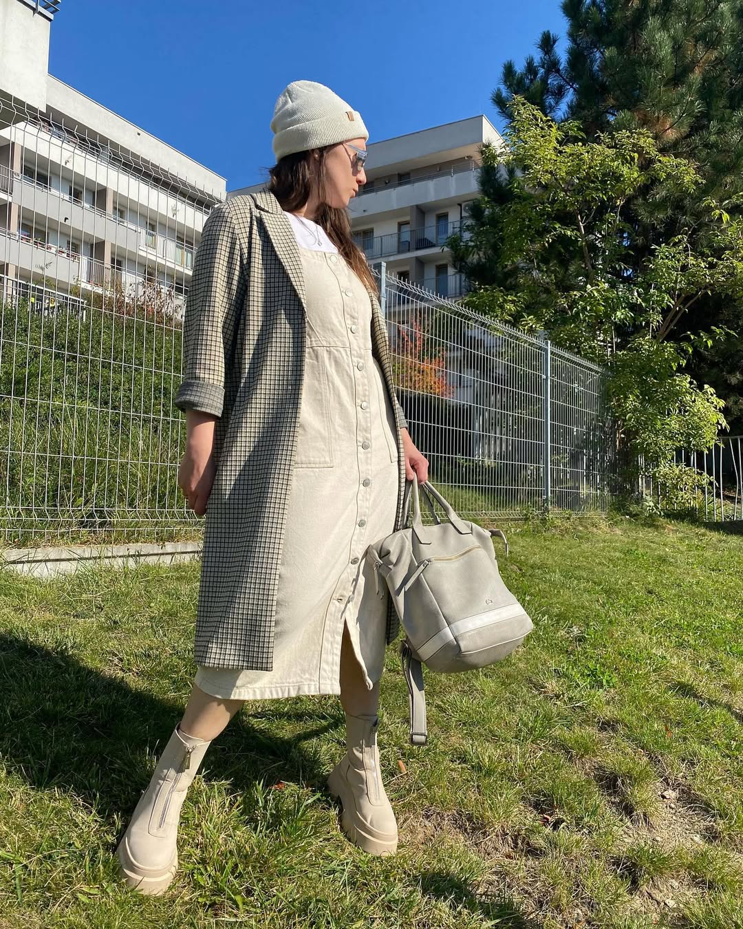 Neutral Toned Button-Up Midi Dress And Plaid Blazer
