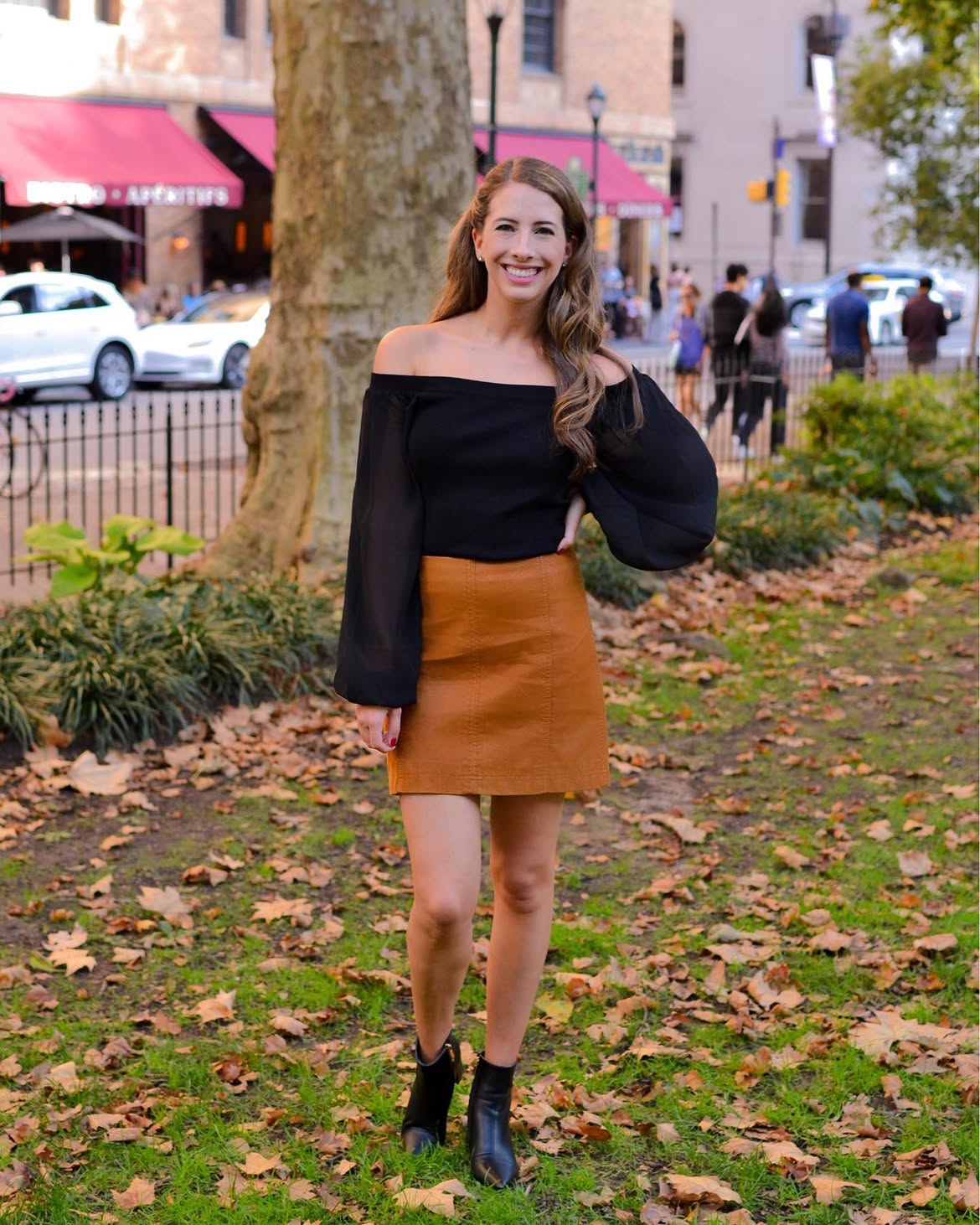Off-Shoulder Top And Suede Skirt For Fall
