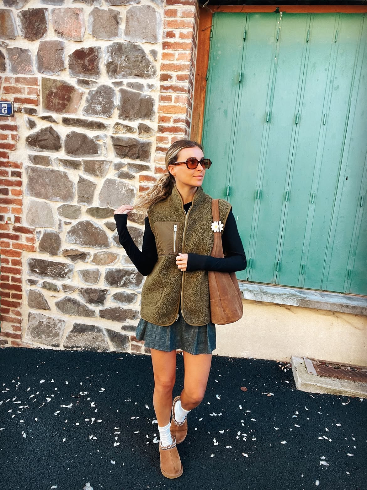 Olive Fleece Vest With Pleated Mini Skirt