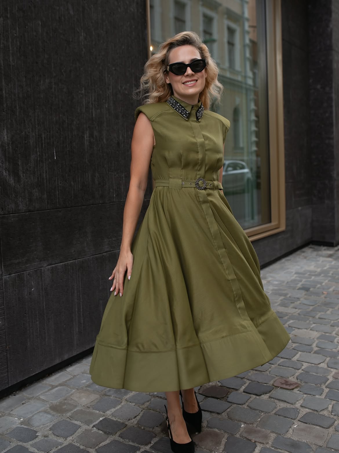 Olive Green Midi Dress With Embellished Collar